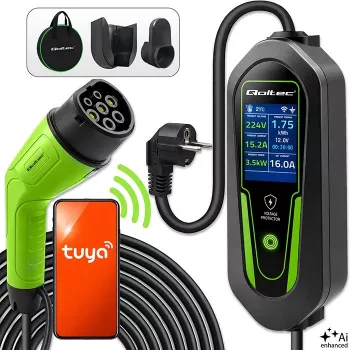 Qoltec Portable EV-Ladegerät Typ 2 auf Schuko 3,5 kW 16 A 5 m Kabel mit Wi-Fi und LCD
