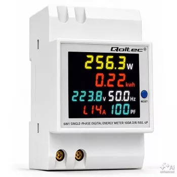 Qoltec Einphasen-6-in-1-DIN-Schienen-Energiezähler mit 100A CT, 230V, LCD, Impulsausgang