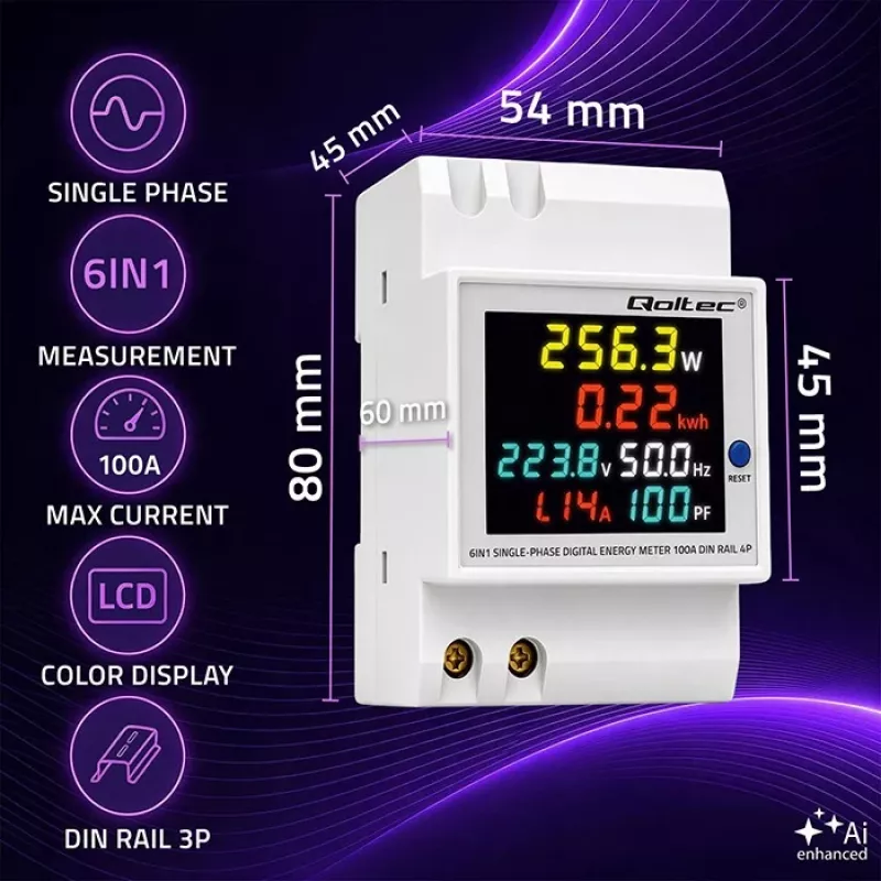 Qoltec Einphasen-6-in-1-DIN-Schienen-Energiezähler mit 100A CT, 230V, LCD, Impulsausgang