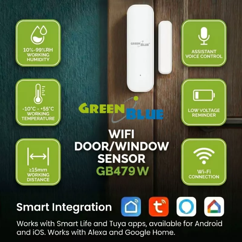 GREENBLUE GB479 W Kabelloser Wi-Fi Tür-/Fenstersensor, Weiß