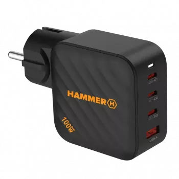 HAMMER RapidCharge 100W GaN-Netzteil, 2x USB-C PD 100W + 1x USB-A QC 30W, Schwarz