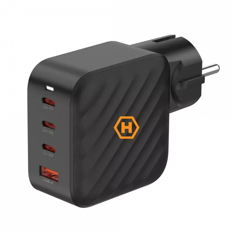 HAMMER RapidCharge 100W GaN-Netzteil, 2x USB-C PD 100W + 1x USB-A QC 30W, Schwarz