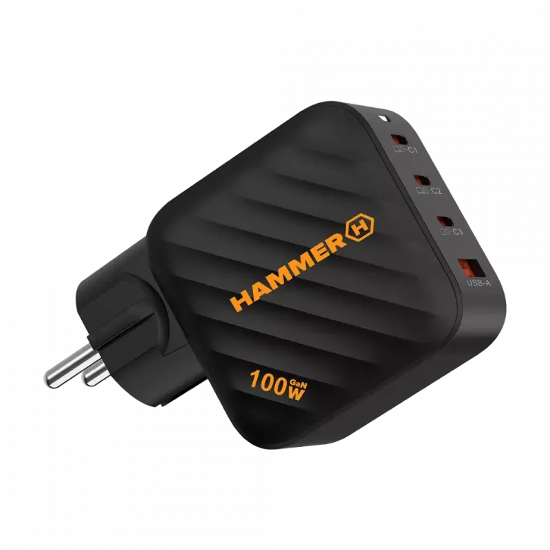 HAMMER RapidCharge 100W GaN-Netzteil, 2x USB-C PD 100W + 1x USB-A QC 30W, Schwarz