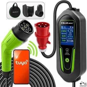 Qoltec Type 2 EV-Ladegerät mit einstellbarem Strom, 7 kW, 230 V, CEE 32 A, Wi-Fi, Tuya Smart Life, LCD, 5 m Kabel