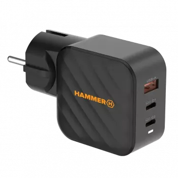 HAMMER RapidCharge 65W GaN-Netzteil - 2x USB-C PD, 1x USB-A QC, Schwarz