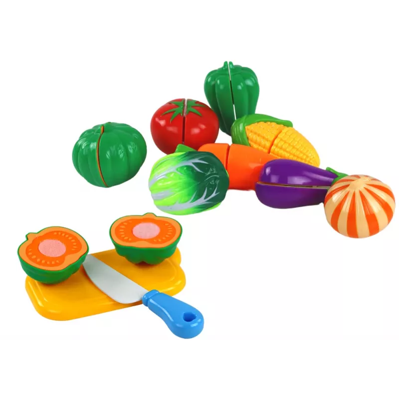 LEAN TOYS Klett-Gemüse im Korb – 8-teiliges Spiellebensmittel-Set mit Teller und Messer