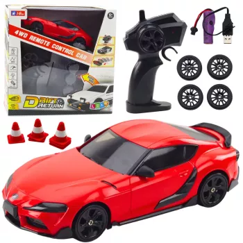 LEAN TOYS Drift-Sportwagen mit austauschbaren Rädern, ferngesteuert, RC 4WD, Rot, Maßstab 1:10