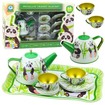 LEAN TOYS Panda Green Metall-Teegeschirr 14-teilig | Kinder-Teekanne aus Weißblech, Tassen, Untertassen, Teller & Tablett | Rollenspiel-Küchenspielzeug ab 3 Jahren