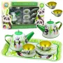 LEAN TOYS Panda Green Metall-Teegeschirr 14-teilig | Kinder-Teekanne aus Weißblech, Tassen, Untertassen, Teller & Tablett | Rollenspiel-Küchenspielzeug ab 3 Jahren