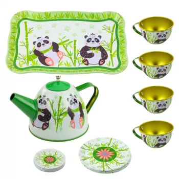 LEAN TOYS Panda Green Metall-Teegeschirr 14-teilig | Kinder-Teekanne aus Weißblech, Tassen, Untertassen, Teller & Tablett | Rollenspiel-Küchenspielzeug ab 3 Jahren