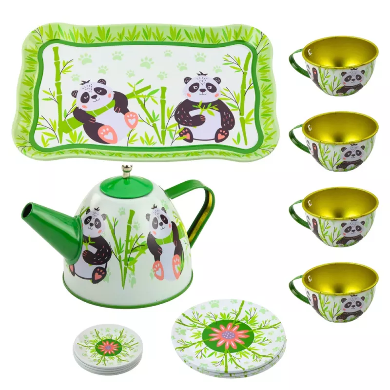 LEAN TOYS Panda Green Metall-Teegeschirr 14-teilig | Kinder-Teekanne aus Weißblech, Tassen, Untertassen, Teller & Tablett | Rollenspiel-Küchenspielzeug ab 3 Jahren