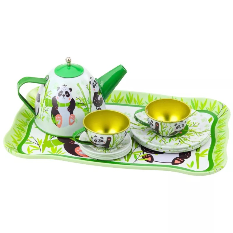 LEAN TOYS Panda Green Metall-Teegeschirr 14-teilig | Kinder-Teekanne aus Weißblech, Tassen, Untertassen, Teller & Tablett | Rollenspiel-Küchenspielzeug ab 3 Jahren