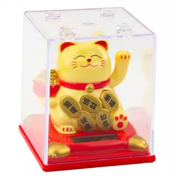 LEAN Chinesische Glückskatze in Vitrine Solar-Figur Deko Beige