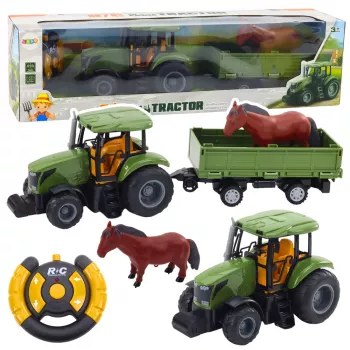 LEAN TOYS RC-Fernsteuerung Traktor mit Anhänger und Pferd-Set - 2.4GHz, wiederaufladbar, Grün/Rot, ab 3 Jahren