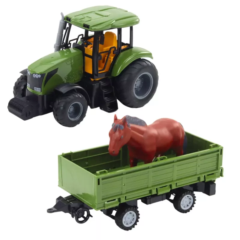 LEAN TOYS RC-Fernsteuerung Traktor mit Anhänger und Pferd-Set - 2.4GHz, wiederaufladbar, Grün/Rot, ab 3 Jahren