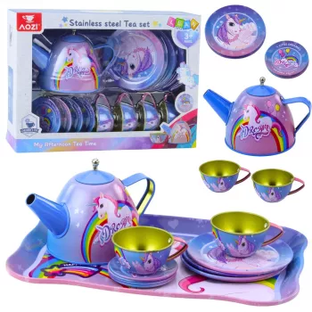 LEAN TOYS Kinder Metall Teeset mit Tassen, Teekanne und Tablett Einhorn