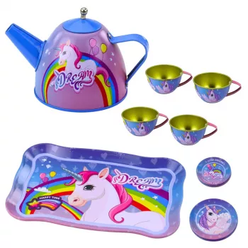 LEAN TOYS Kinder Metall Teeset mit Tassen, Teekanne und Tablett Einhorn
