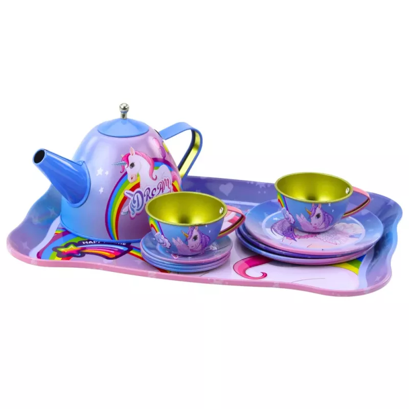 LEAN TOYS Kinder Metall Teeset mit Tassen, Teekanne und Tablett Einhorn