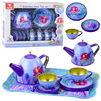 LEAN TOYS Kinder Metall Teeservice mit Tassen, Kanne und Tablett Meerjungfrau