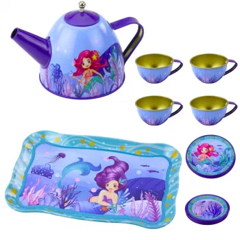 LEAN TOYS Kinder Metall Teeservice mit Tassen, Kanne und Tablett Meerjungfrau
