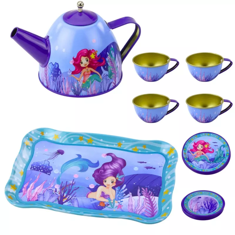 LEAN TOYS Kinder Metall Teeservice mit Tassen, Kanne und Tablett Meerjungfrau