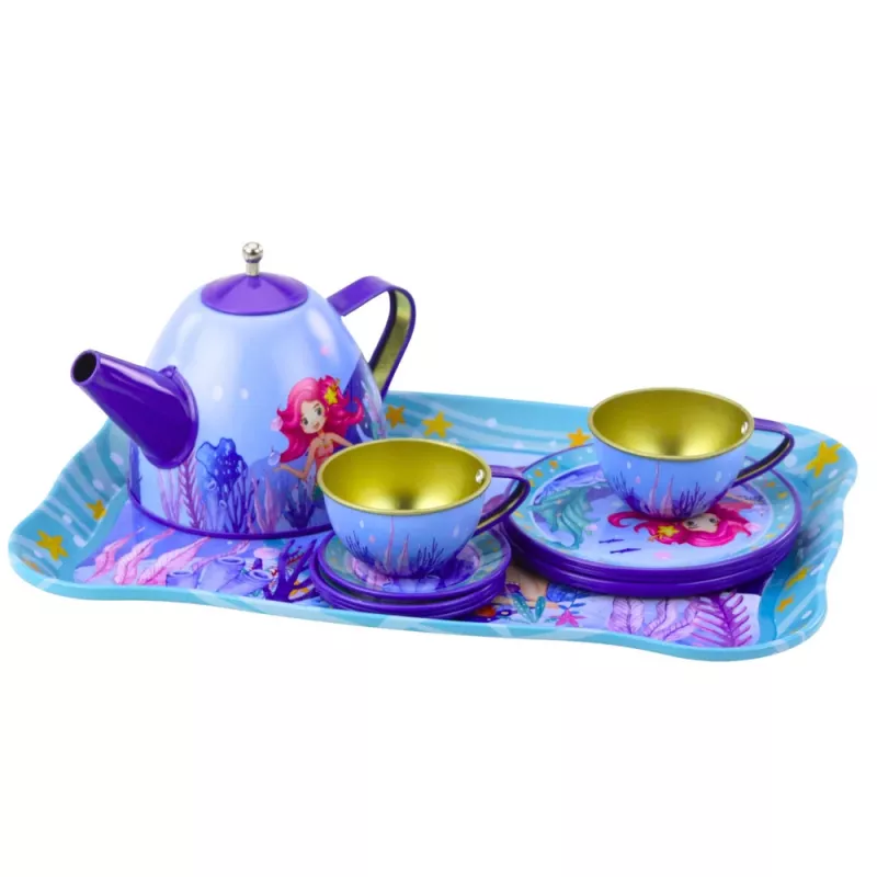 LEAN TOYS Kinder Metall Teeservice mit Tassen, Kanne und Tablett Meerjungfrau