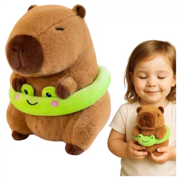 LEAN TOYS Plüsch-Capybara mit grünem Rettungsring und Frosch, Braun, 20 cm