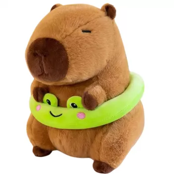 LEAN TOYS Plüsch-Capybara mit grünem Rettungsring und Frosch, Braun, 20 cm