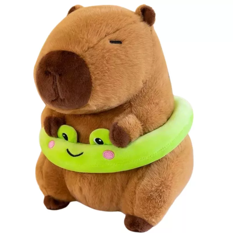 LEAN TOYS Plüsch-Capybara mit grünem Rettungsring und Frosch, Braun, 20 cm
