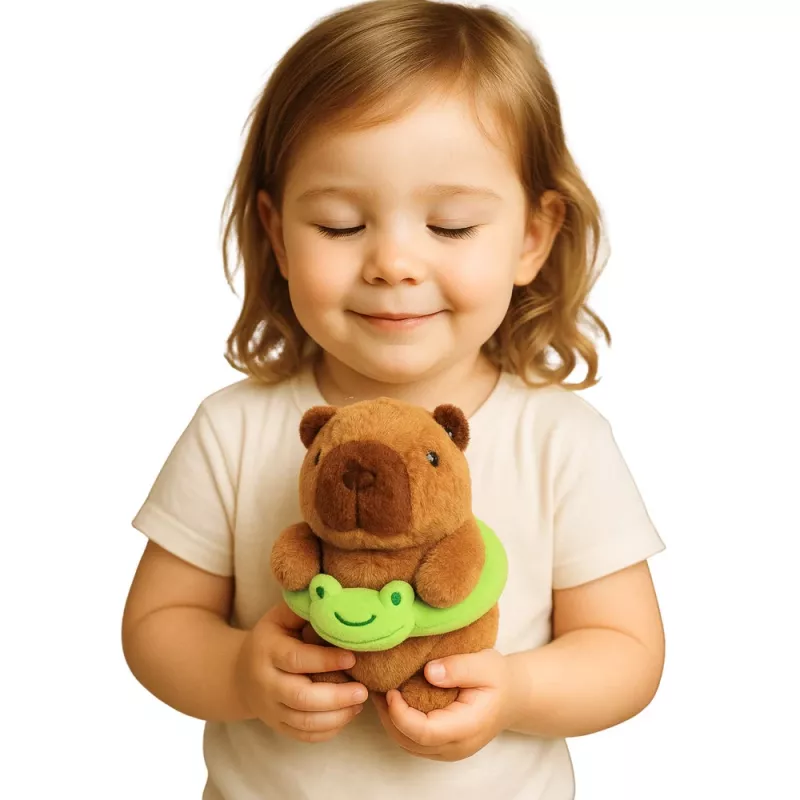 LEAN TOYS Plüsch-Capybara mit grünem Rettungsring und Frosch, Braun, 20 cm