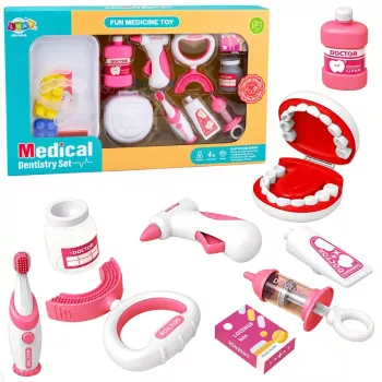 LEAN TOYS Kleines Zahnarzt-Set mit vibrierender Zahnbürste, Pink, 15 Teile
