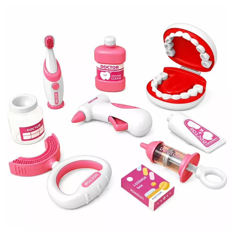 LEAN TOYS Kleines Zahnarzt-Set mit vibrierender Zahnbürste, Pink, 15 Teile