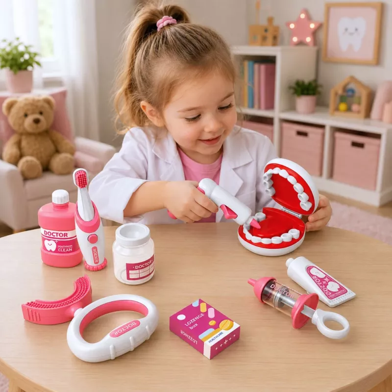 LEAN TOYS Kleines Zahnarzt-Set mit vibrierender Zahnbürste, Pink, 15 Teile