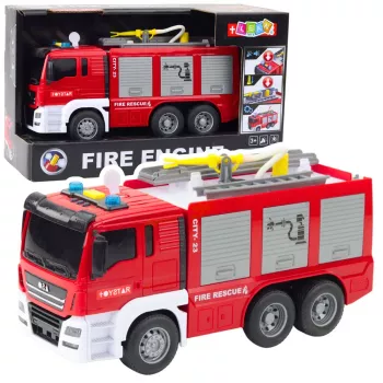 LEAN TOYS Feuerwehrauto mit Wasser-Spray, Lichtern und Geräuschen – Reibungsbetriebenes Einsatzfahrzeug