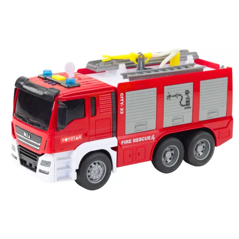 LEAN TOYS Feuerwehrauto mit Wasser-Spray, Lichtern und Geräuschen – Reibungsbetriebenes Einsatzfahrzeug