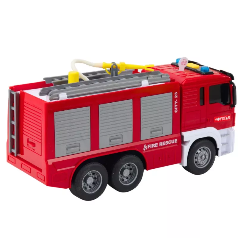 LEAN TOYS Feuerwehrauto mit Wasser-Spray, Lichtern und Geräuschen – Reibungsbetriebenes Einsatzfahrzeug
