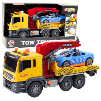 LEAN TOYS Abschleppwagen mit Kran und Rennwagen – Licht- und Soundspielset