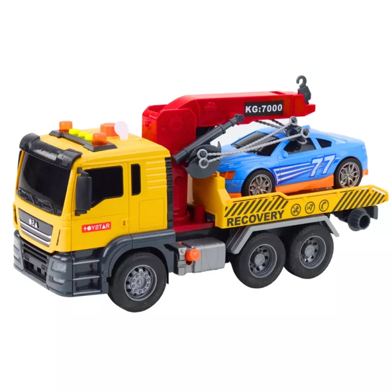LEAN TOYS Abschleppwagen mit Kran und Rennwagen – Licht- und Soundspielset