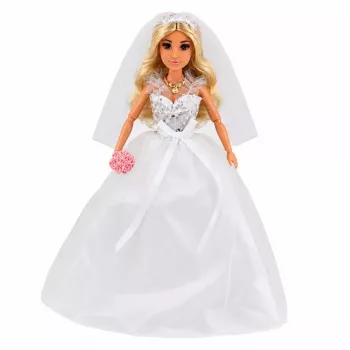 LEAN TOYS Anlily Brautpuppe im Pailletten-Hochzeitskleid mit Schleier, Blumenstrauß, Kuchen, Schuhen, 29 cm