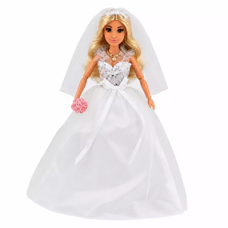 LEAN TOYS Anlily Brautpuppe im Pailletten-Hochzeitskleid mit Schleier, Blumenstrauß, Kuchen, Schuhen, 29 cm