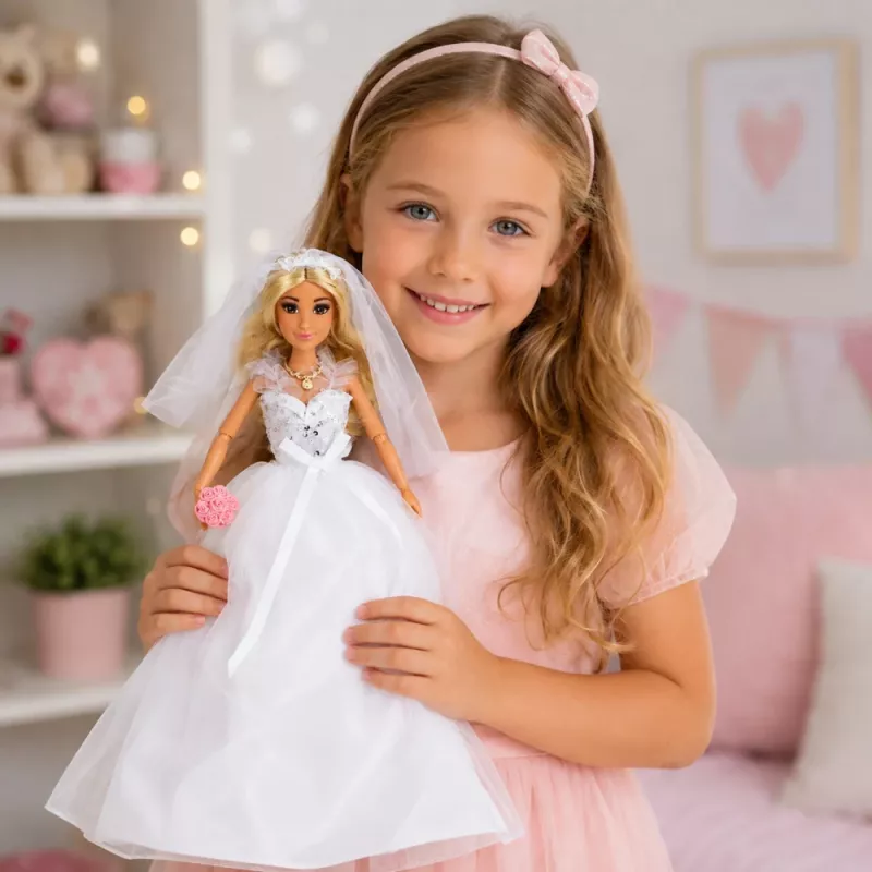 LEAN TOYS Anlily Brautpuppe im Pailletten-Hochzeitskleid mit Schleier, Blumenstrauß, Kuchen, Schuhen, 29 cm