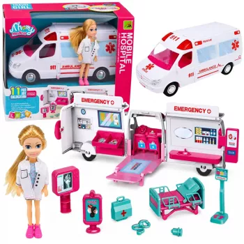 LEAN TOYS faltbarer Krankenwagen für Puppenkrankenhaus Mini-Puppenzubehör 11-teilig