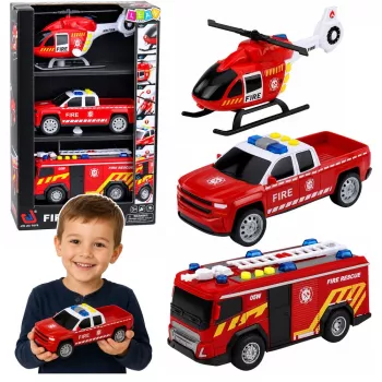 LEAN TOYS Feuerwehr-Fahrzeugset: Hubschrauber und Auto, Lichter, Geräusche 1:32