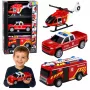 LEAN TOYS Feuerwehr-Fahrzeugset: Hubschrauber und Auto, Lichter, Geräusche 1:32