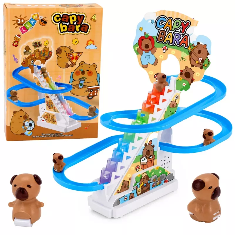 LEAN TOYS Capybara Rennbahn-Rutsche mit beweglichen Stufen, Licht & Sound - Musikalisches Kletterspielzeug für Kinder ab 3 Jahren