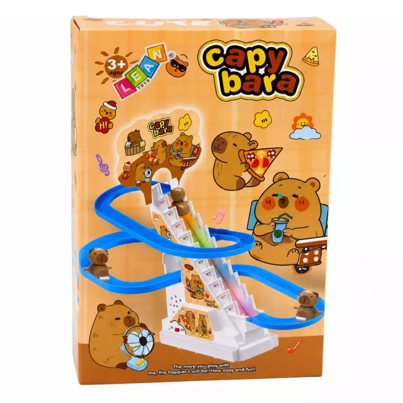 LEAN TOYS Capybara Rennbahn-Rutsche mit beweglichen Stufen, Licht & Sound - Musikalisches Kletterspielzeug für Kinder ab 3 Jahren