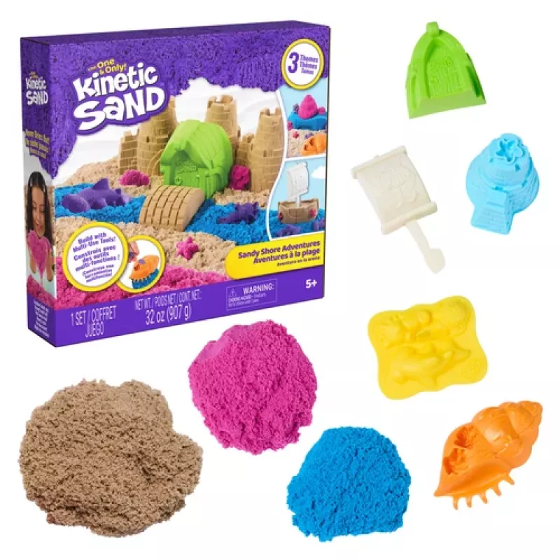Kinetic Sand Beach Adventure Set – 907g Sand in 3 Farben mit Förmchen, Werkzeug und Spielwanne
