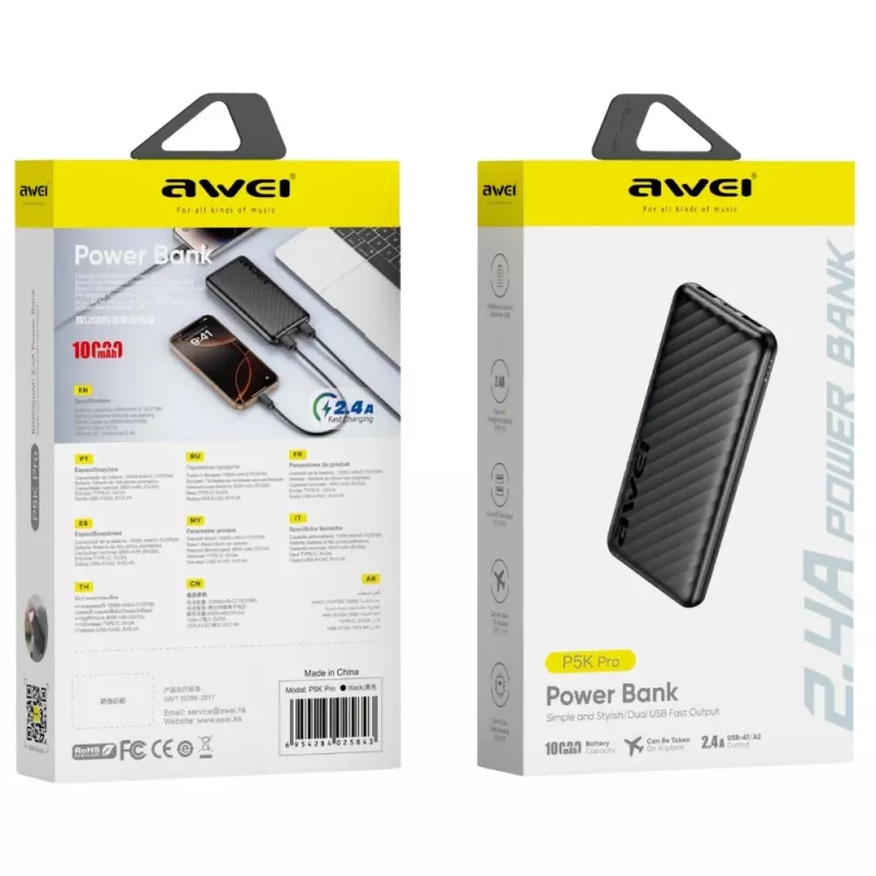 AWEI Power Bank 10000mAh P5K Pro 2xUSB - Schwarz