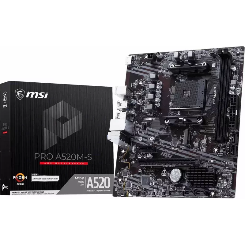 MSI A520M-S AMD A520 AM4 Micro-ATX-Motherboard - DDR4, HDMI, DVI, VGA, Gigabit-LAN