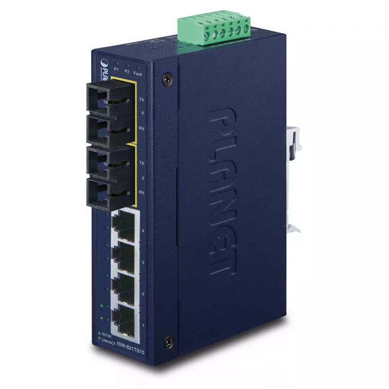 PLANET ISW-621TS15 Industrial Unmanaged L2 Fast Ethernet Switch mit 4x 10/100 + 2x 100Base-FX SC Multi-Mode, DIN-Schienen-/Wandmontage, -40 bis 75 °C
